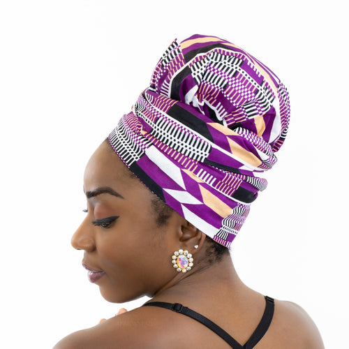 Easy headwrap / hoofddoek - Satijnen binnenkant - Paarse kente