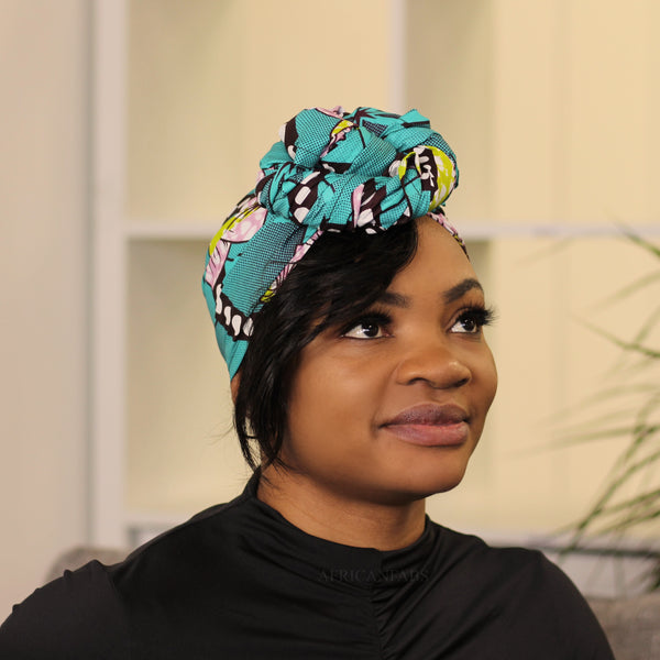 Afrikaanse hoofddoek / headwrap - Turquoise roze bloemen