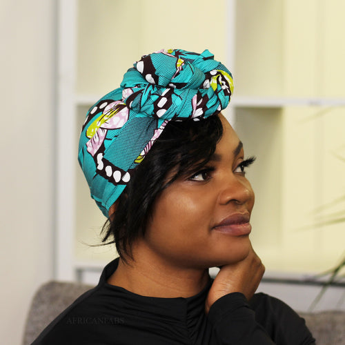 Afrikaanse hoofddoek / headwrap - Turquoise roze bloemen