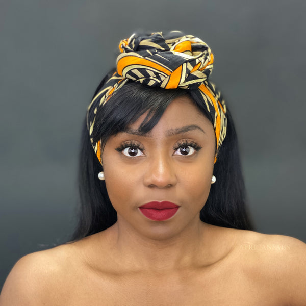 Afrikaanse hoofddoek / headwrap - Zwart / oranje Waves