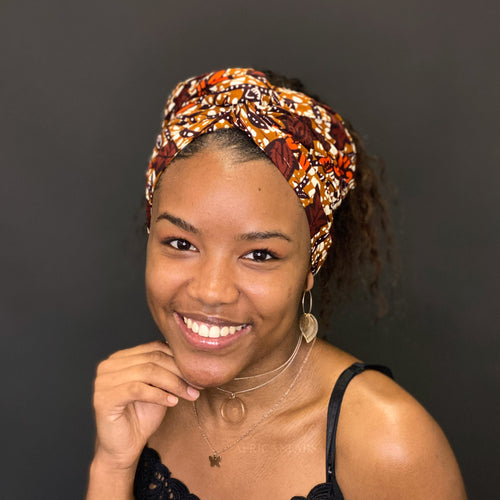 Afrikaanse hoofddoek / headwrap - Bruin / oranje leaves