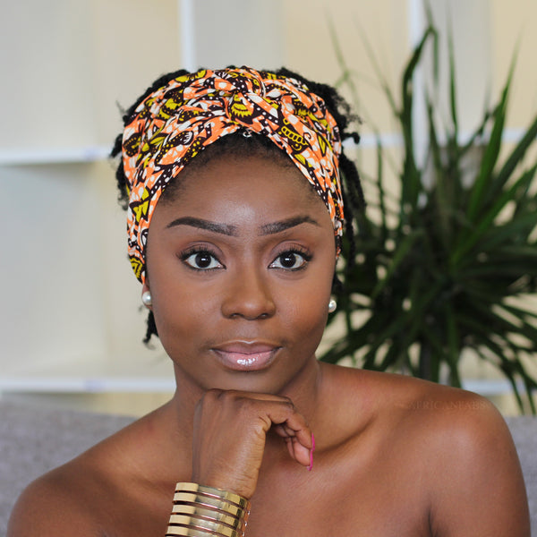Afrikaanse hoofddoek / headwrap - Oranje / gele leaf trails