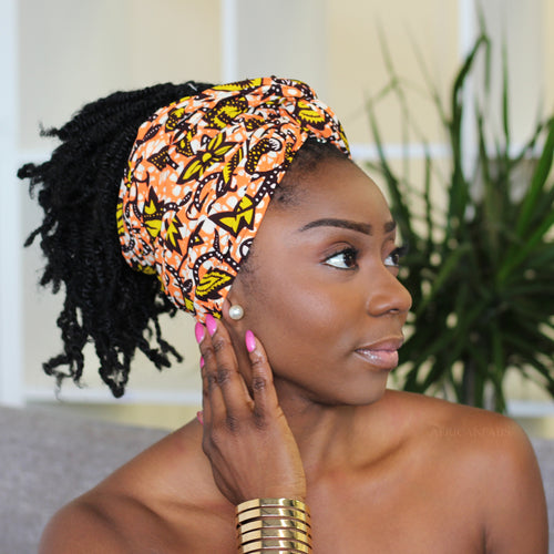 Afrikaanse hoofddoek / headwrap - Oranje / gele leaf trails