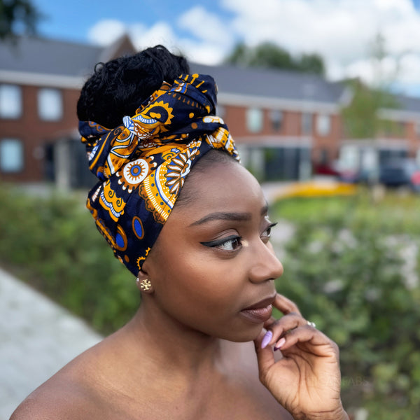 Afrikaanse Marineblauw Geel Paisley hoofddoek - headwrap