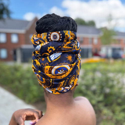 Afrikaanse Marineblauw Geel Paisley hoofddoek - headwrap