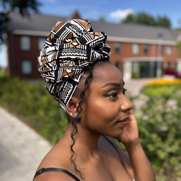 Afrikaanse Donkerbruin & Wit Bogolan Symbols hoofddoek - headwrap