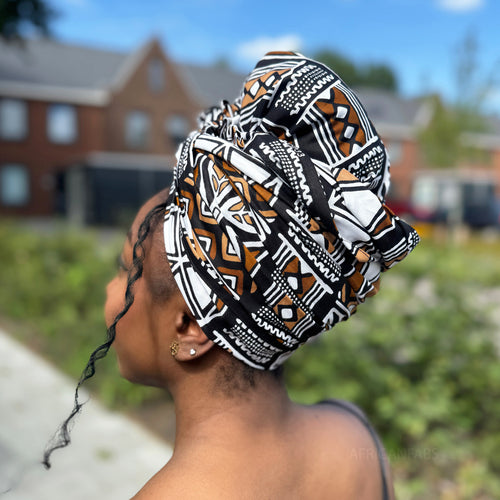 Afrikaanse Donkerbruin & Wit Bogolan Symbols hoofddoek - headwrap