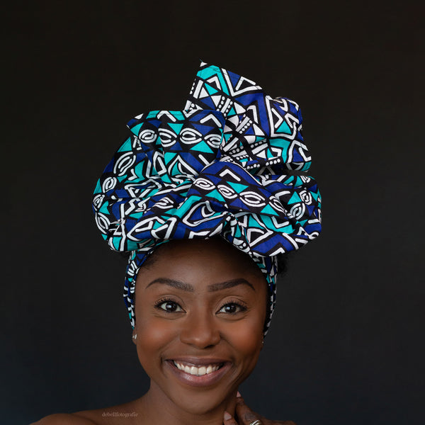 Afrikaanse Blauw / wit bogolan hoofddoek - Mud cloth headwrap