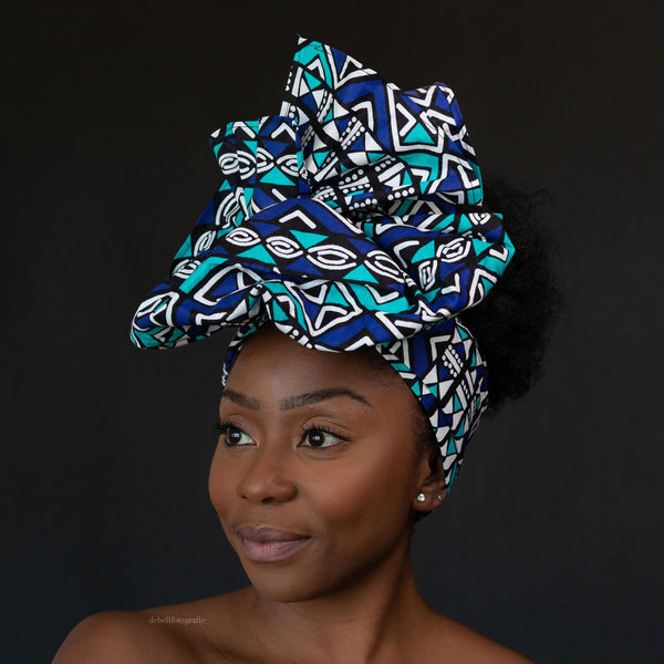 Afrikaanse Blauw / wit bogolan hoofddoek - Mud cloth headwrap