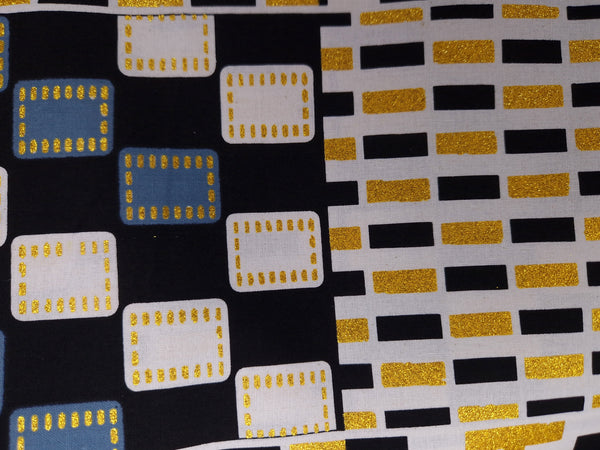 Afrikaanse stof - Exclusief versierd met glittereffecten 100% katoen - GL-4056 Kente Goud Zwart Wit
