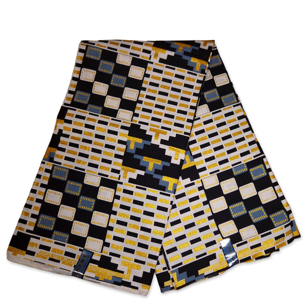 Afrikaanse stof - Exclusief versierd met glittereffecten 100% katoen - GL-4056 Kente Goud Zwart Wit