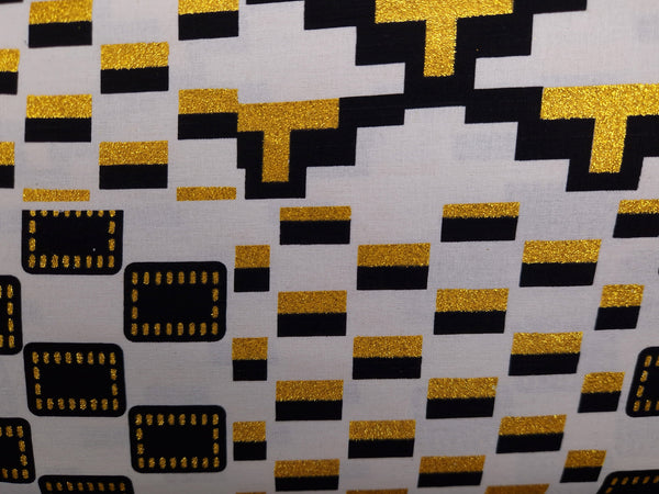 Afrikaanse stof - Exclusief versierd met glittereffecten 100% katoen - GL-4053 Kente Goud Zwart Wit