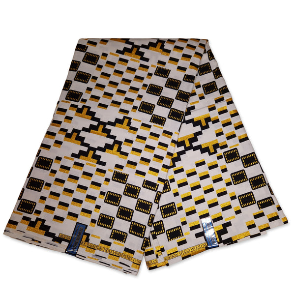 Afrikaanse stof - Exclusief versierd met glittereffecten 100% katoen - GL-4053 Kente Goud Zwart Wit