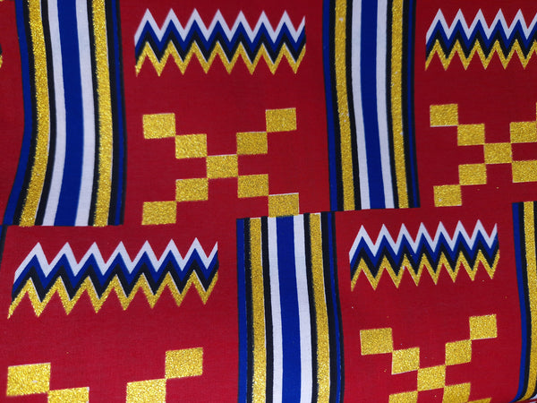 Afrikaanse stof - Exclusief versierd met glittereffecten 100% katoen - GL-4051 Kente Goud Rood