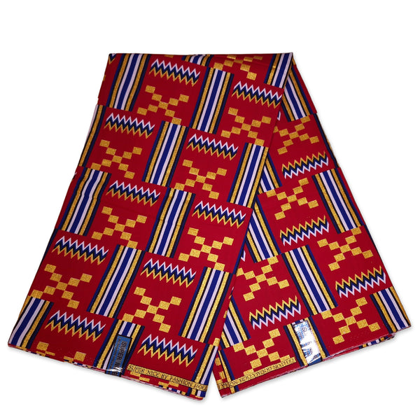 Afrikaanse stof - Exclusief versierd met glittereffecten 100% katoen - GL-4051 Kente Goud Rood