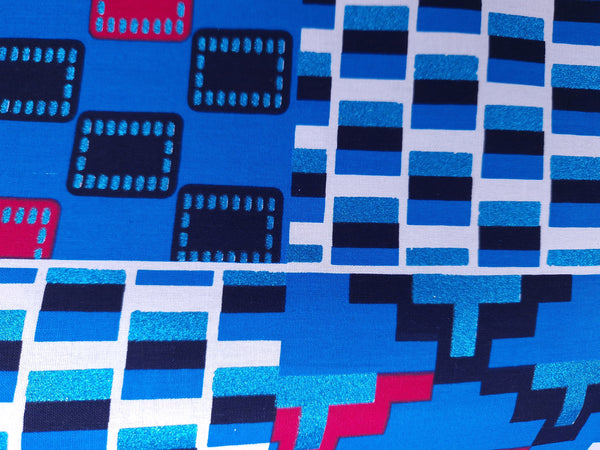 Afrikaanse stof - Exclusief versierd met glittereffecten 100% katoen - GL-4046 Kente Blauw Rood