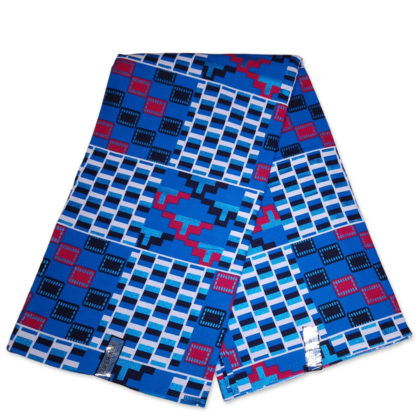 Afrikaanse stof - Exclusief versierd met glittereffecten 100% katoen - GL-4046 Kente Blauw Rood