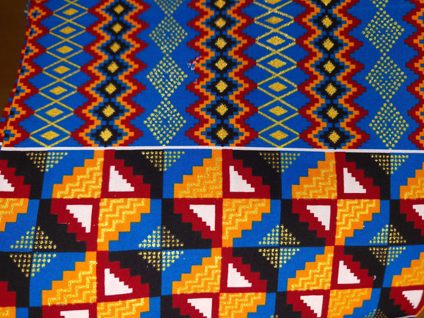 Afrikaanse stof - Exclusief versierd met glittereffecten 100% katoen - GL-4044 Kente Goud Blauw