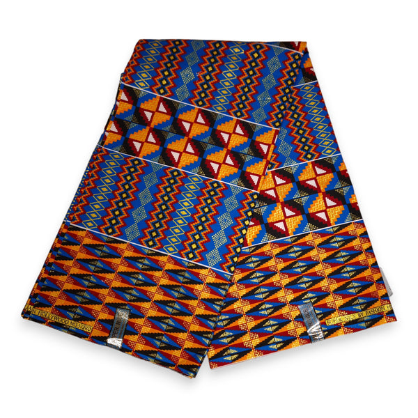 Afrikaanse stof - Exclusief versierd met glittereffecten 100% katoen - GL-4044 Kente Goud Blauw
