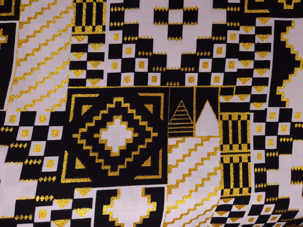 Afrikaanse stof - Exclusief versierd met glittereffecten 100% katoen - GL-4042 Kente Goud Zwart Wit