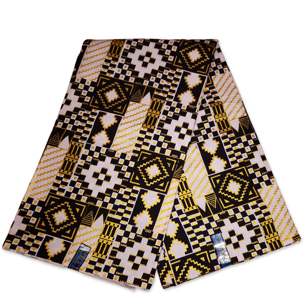 Afrikaanse stof - Exclusief versierd met glittereffecten 100% katoen - GL-4042 Kente Goud Zwart Wit