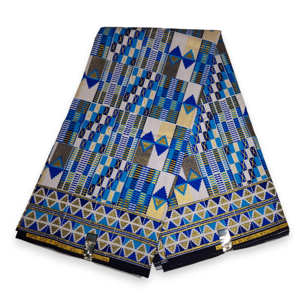 Afrikaanse stof - Exclusief versierd met glittereffecten 100% katoen - GL-4041 Kente Goud Blauw