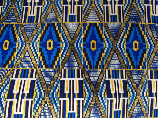 Afrikaanse stof - Exclusief versierd met glittereffecten 100% katoen - GL-4037 Kente Blauw Goud