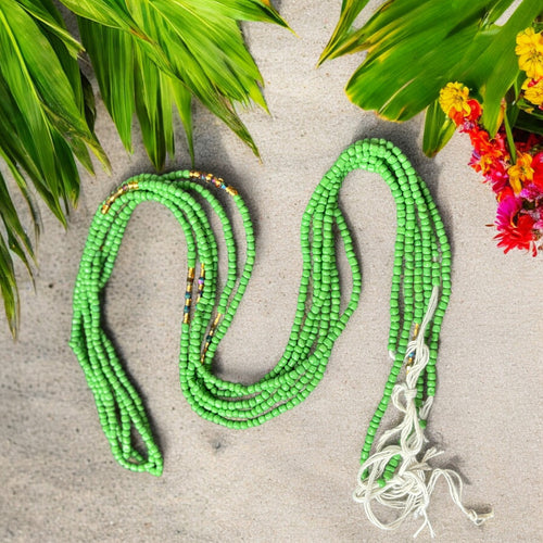 Waist Beads / Afrikaanse Heupketting -  Ebébé  - Groen / goud (Traditioneel niet-elastisch koord)