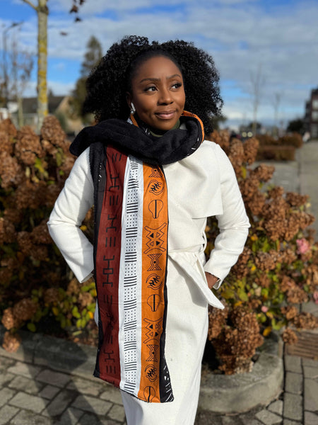 Warme Afrikaanse print sjaal Unisex - Smal model - Bruin Bogolan Symbolen