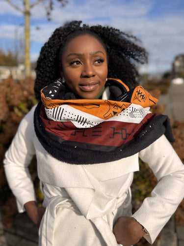 Warme Afrikaanse print sjaal Unisex - Smal model - Bruin Bogolan Symbolen