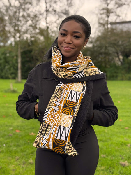 Warme Afrikaanse print sjaal Unisex - Smal model - Zand Bogolan Mozaïek