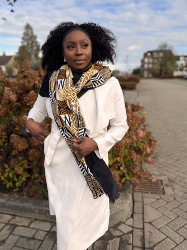 Warme Afrikaanse print sjaal Unisex - Smal model - Zand Bogolan Mozaïek