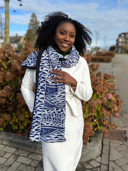 Warme Afrikaanse print sjaal Unisex - Smal model - Blauw Ndop Kameroen
