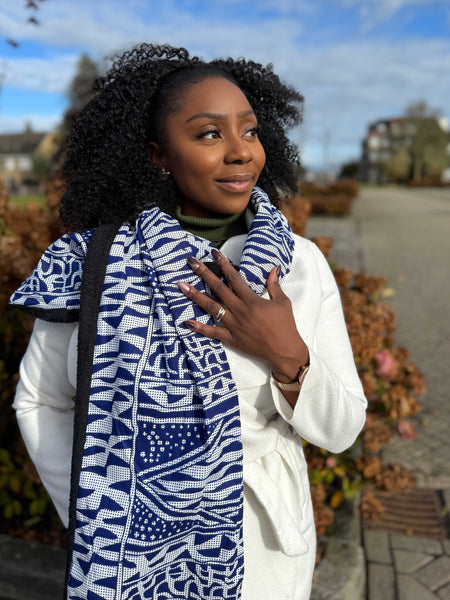 Warme Afrikaanse print sjaal Unisex - Smal model - Blauw Ndop Kameroen