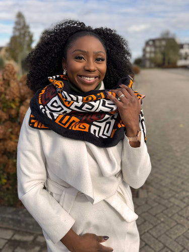 Warme Afrikaanse print sjaal Unisex - Smal model - Bruin Kuba Blokken