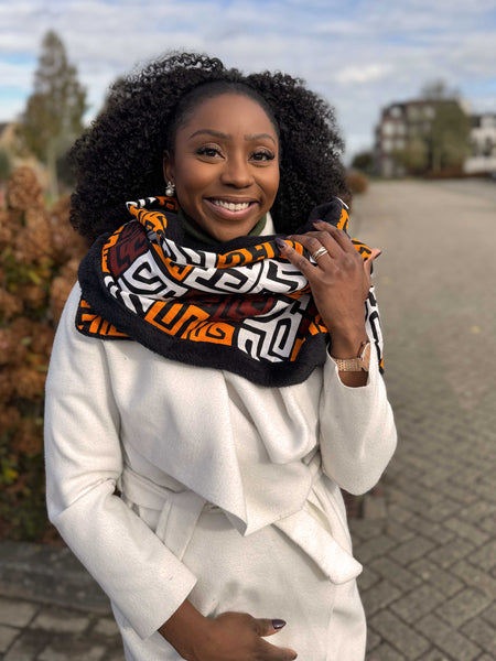 Warme Afrikaanse print sjaal Unisex - Smal model - Bruin Kuba Blokken