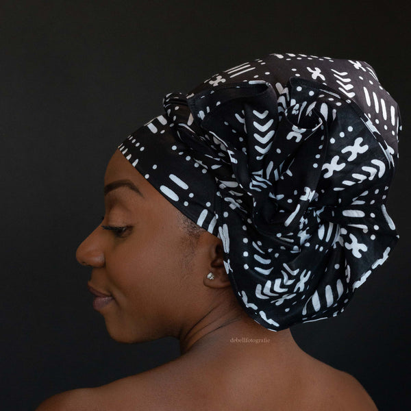 XL Easy headwrap / hoofddoek - Satijnen binnenkant - Zwarte bogolan