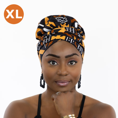 XL Easy headwrap / hoofddoek - Satijnen binnenkant - Bruine Bogolan