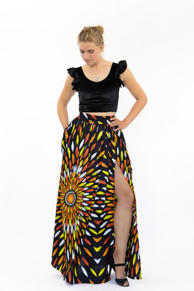 Afrikaanse print maxi rok - Zwart / gele sunburst