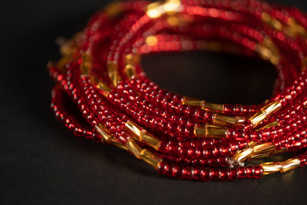 Waist Beads / Afrikaanse Heupketting - ESE - Rood / goud (elastisch)