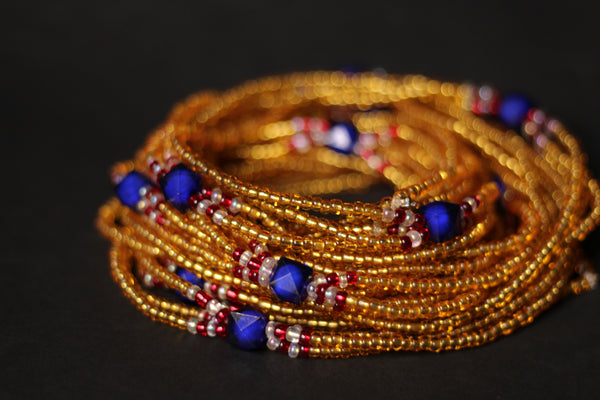 3 in 1 Waist Beads / Afrikaanse Heupketting - IYORE- Blauw / goud (elastisch)
