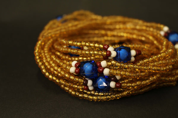 3 in 1 Waist Beads / Afrikaanse Heupketting - EPA - Blauw / goud (elastisch)