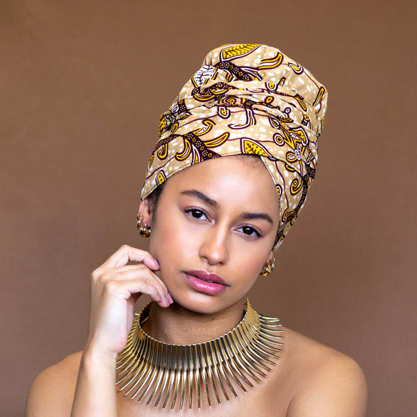 Easy headwrap / hoofddoek - Satijnen binnenkant - Beige / Gele Leaf branch