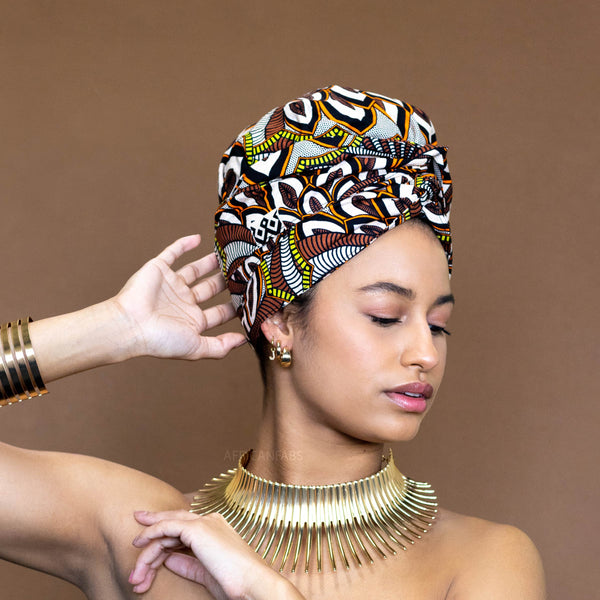 Easy headwrap / hoofddoek - Satijnen binnenkant - Bruine flowervision