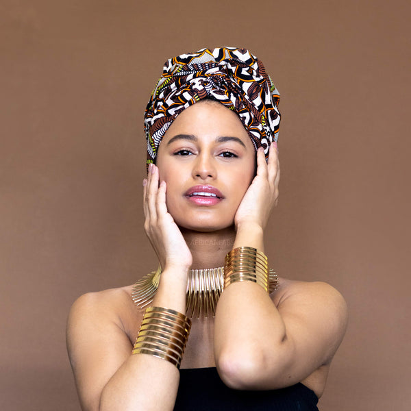Easy headwrap / hoofddoek - Satijnen binnenkant - Bruine flowervision