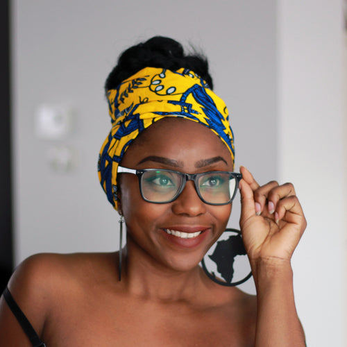 Afrikaanse hoofddoek / Vlisco headwrap - Geel / Blauwe leaftrail