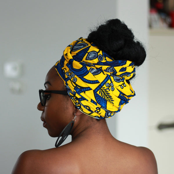 Afrikaanse hoofddoek / Vlisco headwrap - Geel / Blauwe leaftrail