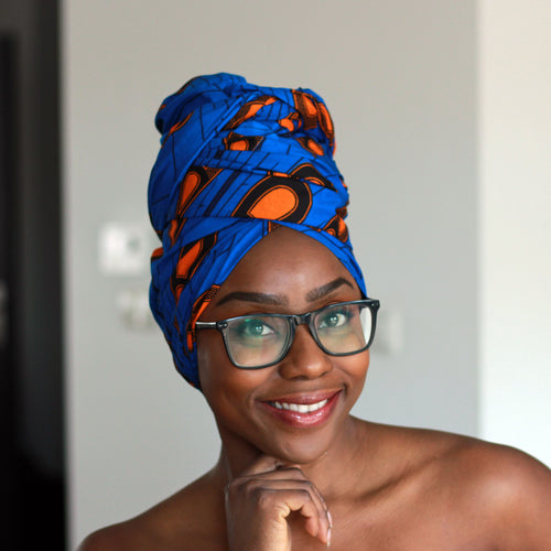 Afrikaanse hoofddoek / Vlisco headwrap - Blauw / Oranje electric bulb