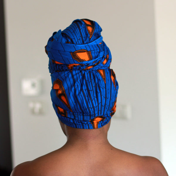 Afrikaanse hoofddoek / Vlisco headwrap - Blauw / Oranje electric bulb