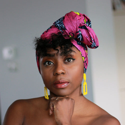 Afrikaanse hoofddoek / Vlisco headwrap - Roze / gele flower trail